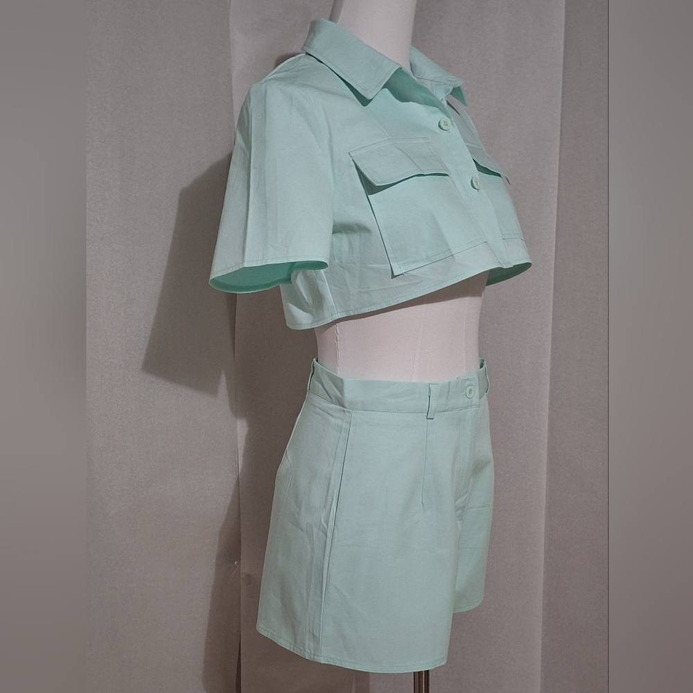 SHEIN S , solid button front blouse and short NWT - image 3